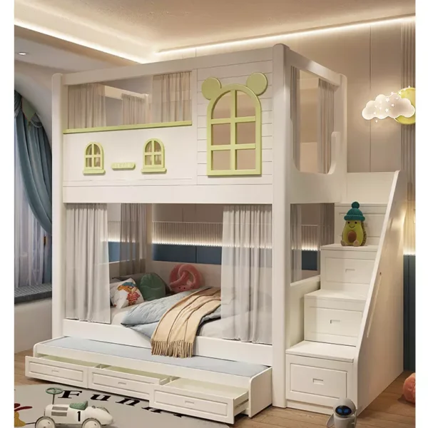 سرير أطفال بدورين بتصميم عصري – خشب متين وسلال تخزين – مثالي للمساحات الصغيرة وآمن للاستخدام اليومي