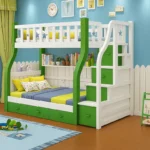 سرير دورين أطفال خشبي بتصميم نموذجي – سلم جانبي آمن – لون أبيض – ضمان سنتين