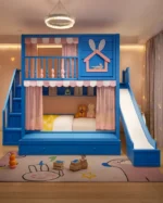 سرير أطفال دورين مريح – تصميم آمن بزاوية ناعمة – خشب متين وسلال تخزين – مثالي للمساحات الصغيرة