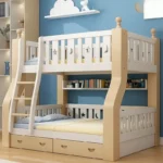 سرير دورين أطفال خشبي بتصميم نموذجي – سلم جانبي آمن – لون أبيض – ضمان سنتين