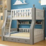 سرير دورين أطفال خشبي بتصميم نموذجي – سلم جانبي آمن – لون أبيض – ضمان سنتين