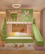 سرير أطفال دورين مريح – تصميم آمن بزاوية ناعمة – خشب متين وسلال تخزين – مثالي للمساحات الصغيرة