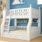 سرير دورين أطفال خشبي بتصميم نموذجي – سلم جانبي آمن – لون أبيض – ضمان سنتين