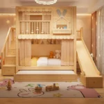 سرير أطفال دورين مريح – تصميم آمن بزاوية ناعمة – خشب متين وسلال تخزين – مثالي للمساحات الصغيرة