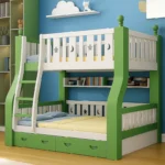 سرير دورين أطفال خشبي بتصميم نموذجي – سلم جانبي آمن – لون أبيض – ضمان سنتين