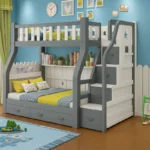 سرير دورين أطفال خشبي بتصميم نموذجي – سلم جانبي آمن – لون أبيض – ضمان سنتين