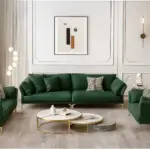 طقم كنب جلد فاخر 3+2+1 – تصميم فخم بخياطة بارزة – قاعدة خشبية متينة – تنجيد ناعم بلون بني داكن