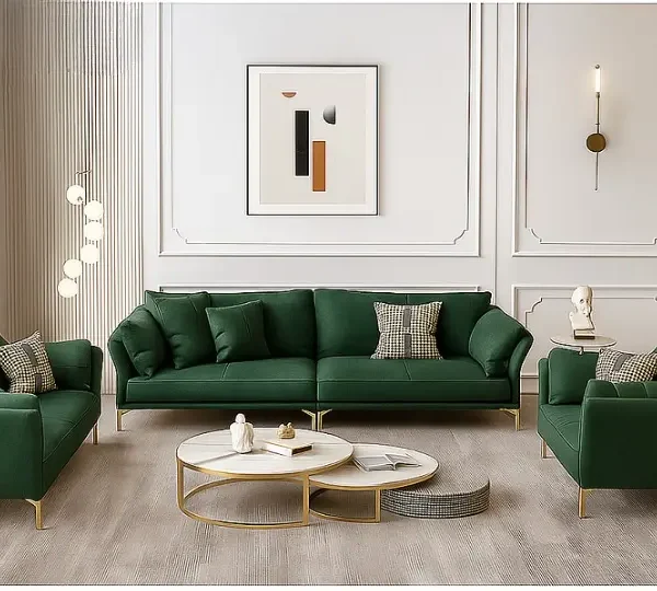 طقم كنب جلد فاخر 3+2+1 – تصميم فخم بخياطة بارزة – قاعدة خشبية متينة – تنجيد ناعم بلون بني داكن