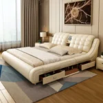 سرير مودرن جلد مع طاولتين كومودينة