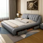 سرير مودرن جلد مع طاولتين كومودينة