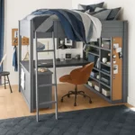 سرير أطفال مرتفع – مكتب مدمج وأرفف تخزين – مثالي للنوم والدراسة – هيكل خشبي متين