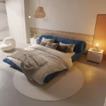 سرير غرفة نوم مع كمودينة بتصميم مميز