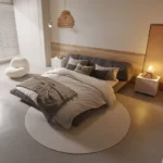 سرير غرفة نوم مع كمودينة بتصميم مميز