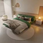 سرير غرفة نوم مع كمودينة بتصميم مميز