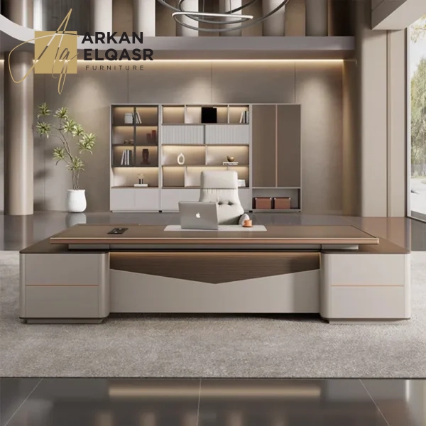 مكتب مودرن فاخر بتصميم عصري أنيق وخزائن جانبية للتخزين